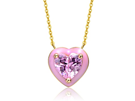 Pink Color Cubic Zirconia & Pink Enamel, 14k Gold Plated over Brass Heart Pendant Necklace Teens