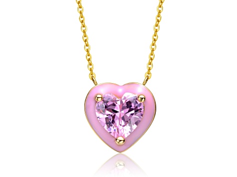 Teens 14k Gold Plated over Brass with Pink Color Cubic Zirconia & Pink Enamel Heart Pendant Necklace