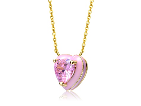 Pink Color Cubic Zirconia & Pink Enamel, 14k Gold Plated over Brass Heart Pendant Necklace Teens