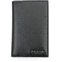 Prada Mens Vitello Micro Grain Black Grey Leather Vertical Card Holder