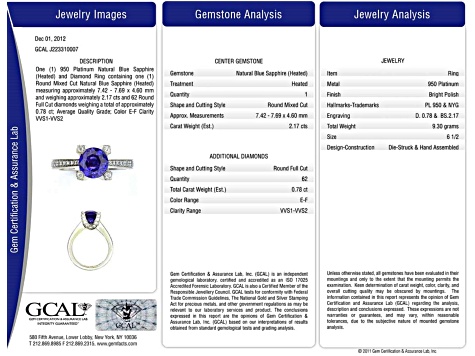 Round Blue Sapphire and White Diamond Platinum Ring. 2.95 CTW