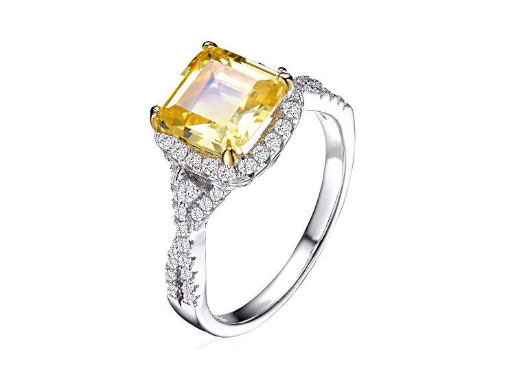 Yellow Color Cubic Zirconia, Rhodium Plated over Sterling Silver Accent Twisted Solitaire Ring