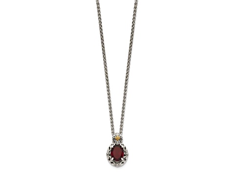 Sterling Silver with 14K Accent Antiqued Garnet Necklace