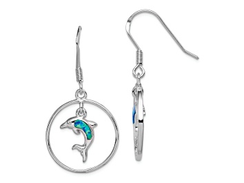 Picture of Rhodium Over Sterling Silver with Lab Created Opal Dolphin Dangle Earrings