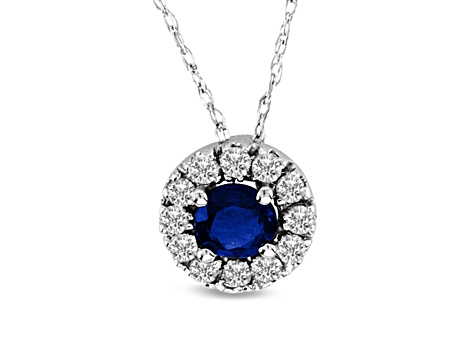 0.48ctw Blue Sapphire and White Diamond Halo Pendant 14k White Gold