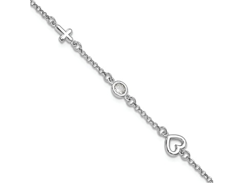 Rhodium Over Sterling Silver Cubic Zirconia Heart and Cross with 1-inch Extension Bracelet