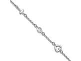 Rhodium Over Sterling Silver Cubic Zirconia Heart and Cross with 1-inch Extension Bracelet
