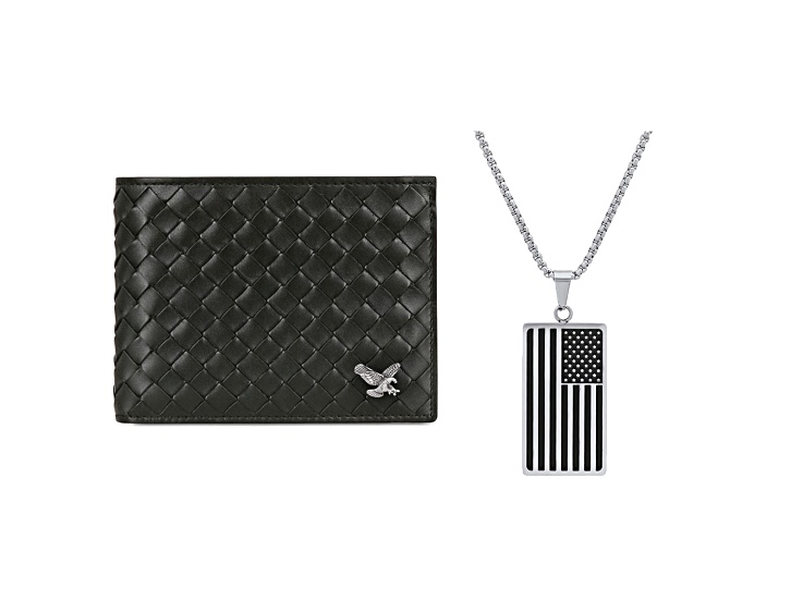 Braided Black Leather Eagle Wallet and Monochrome American Flag Pendant