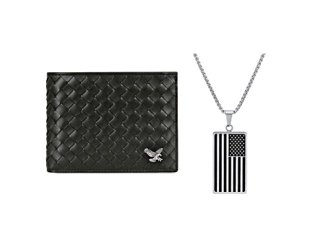 Braided Black Leather Eagle Wallet and Monochrome American Flag Pendant