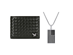 Braided Black Leather Eagle Wallet and Monochrome American Flag Pendant