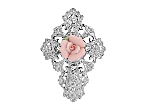 Symbols of Faith Silver-Tone Pink Porcelain Rose Cross Pin