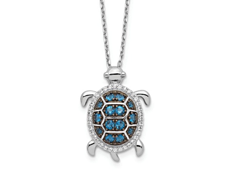 Rhodium Over Sterling Silver and Black Rhodium Cubic Zirconia Turtle with 2" Extension Necklace