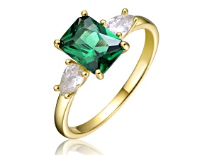 Green Color Cubic Zirconia, 14k Yellow Gold Plated over Sterling Silver 3-Stone Engagement Ring