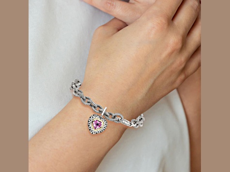 Sterling Silver with 14K Gold Over Sterling Silver Accent Oxidized Lab Pink Sapphire Heart Bracelet