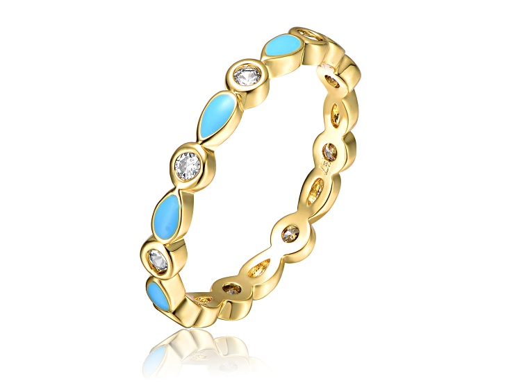 Cubic Zirconia Blue Topaz Enamel, 14k Gold Plated over Brass Stacking Ring for Kids/Teens