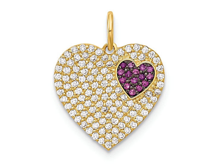 10k Yellow Gold Polished Clear and Red Cubic Zirconia Heart Charm