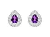 8x5mm Pear Shape Amethyst And White Topaz Rhodium Over Sterling Silver Double Halo Stud Earrings