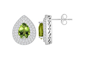 8x5mm Pear Shape Peridot And White Topaz Rhodium Over Sterling Silver Double Halo Stud Earrings
