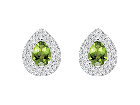 8x5mm Pear Shape Peridot And White Topaz Rhodium Over Sterling Silver Double Halo Stud Earrings
