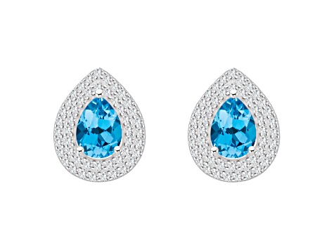 8x5mm Pear Shape Swiss Blue Topaz And White Topaz Rhodium Over Sterling Silver Double Halo Earrings