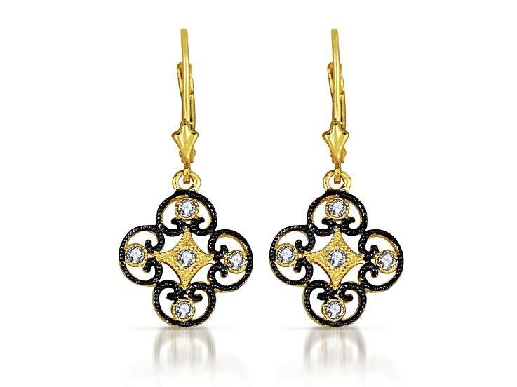 Cubic Zirconia, Two-tone 14k Yellow Gold & Black Plated over Sterling Silver Lace Deco Earrings