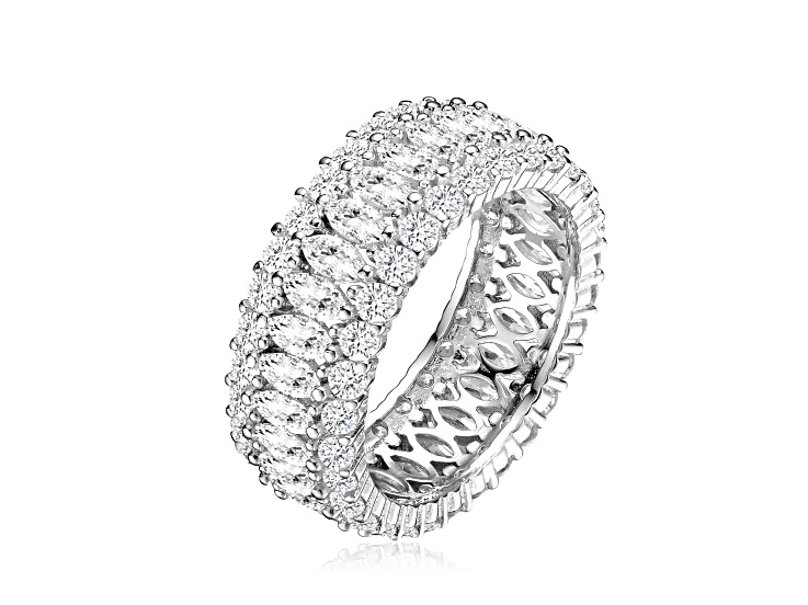 Clear Round and Marquise Cubic Zirconia, Rhodium Plated over Sterling Silver Eternity Ring