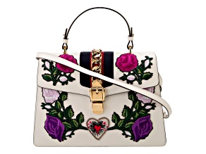 Gucci Sylvie Embroidered Off White Medium Top Handle Bag