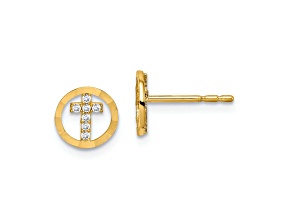 14k Yellow Gold Children's Cubic Zirconia Diamond-Cut 7.25mm Circle with Cross Stud Earrings