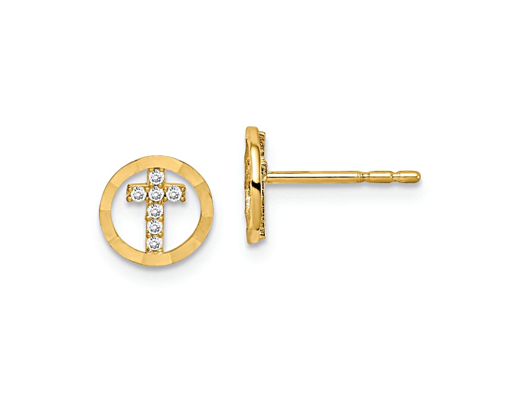 14k Yellow Gold Children's Cubic Zirconia Diamond-Cut 7.25mm Circle with Cross Stud Earrings