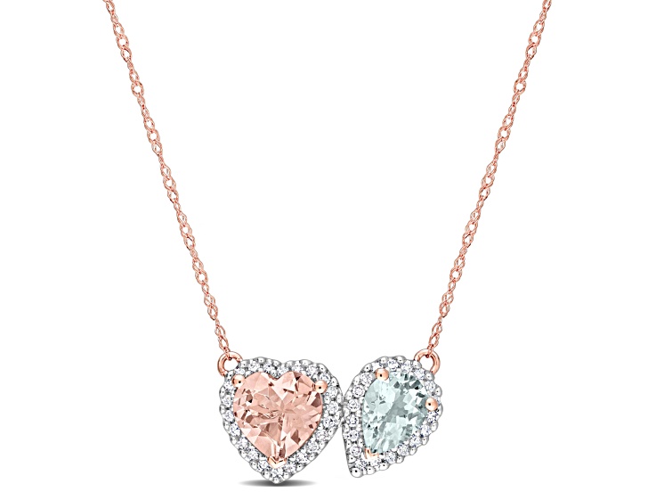 1.95ctw Morganite, Aquamarine And Diamond 10k Rose Gold Pendant With Chain