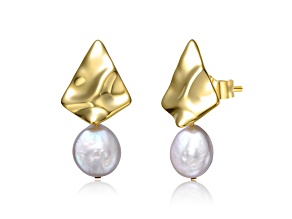Freshwater Pearl, 14k Yellow Gold Plated over Sterling Silver Geometric Rippled Dangle Earrings