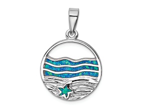 Rhodium Over Sterling Silver Lab Created Opal Starfish Ocean Pendant