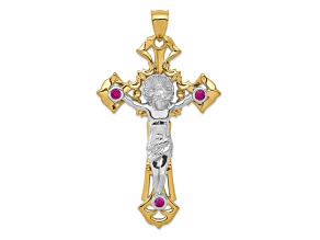 14k Yellow Gold and 14k White Gold Polished and Textured with Red Cubic Zirconia Crucifix Pendant