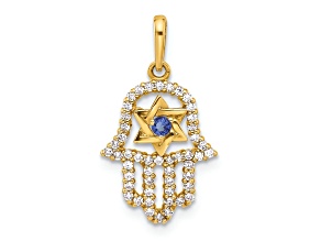 10k Yellow Gold Polished Clear and Blue Cubic Zirconia Evil Eye Hamsa Charm