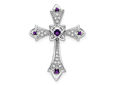 Rhodium Over 14k White Gold Amethyst and Diamond fleur-de-lis Cross Chain Slide