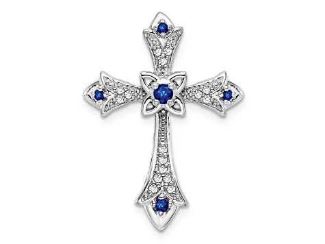 Rhodium Over 14k White Gold Sapphire and Diamond fleur-de-lis Cross Chain Slide