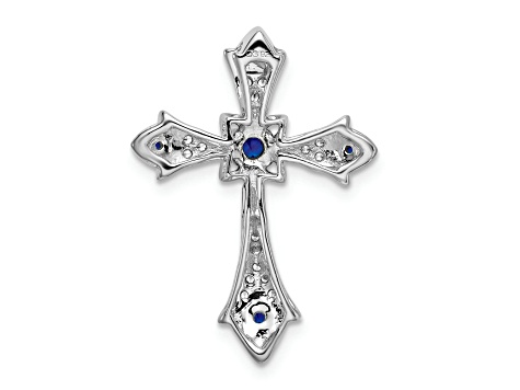 Rhodium Over 14k White Gold Sapphire and Diamond fleur-de-lis Cross Chain Slide