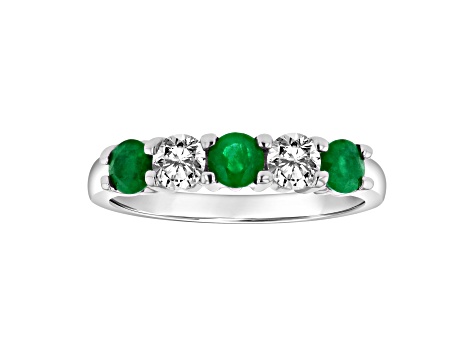 14K White Gold 5-Stone Emerald and Diamond Band Ring, 1.11ctw