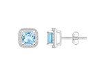 5mm Cushion Simulated Aquamarine And Created White Sapphire 10k White Gold Halo Stud Earrings