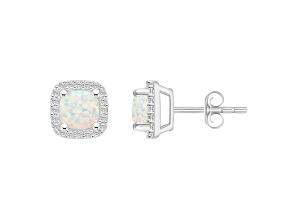 5mm Cushion Created Opal And Created White Sapphire 10k White Gold Halo Stud Earrings
