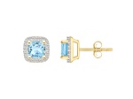 5mm Cushion Simulated Aquamarine And Created White Sapphire 10k Yellow Gold Halo Stud Earrings