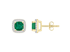 5mm Cushion Created Emerald And Created White Sapphire 10k Yellow Gold Halo Stud Earrings