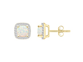 5mm Cushion Created Opal And Created White Sapphire 10k Yellow Gold Halo Stud Earrings