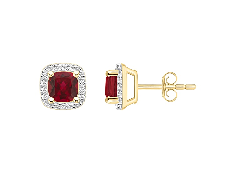 5mm Cushion Created Ruby And Created White Sapphire 10k Yellow Gold Halo Stud Earrings