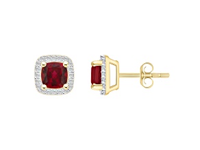 5mm Cushion Created Ruby And Created White Sapphire 10k Yellow Gold Halo Stud Earrings