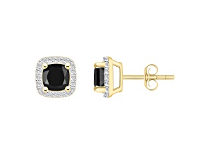 5mm Cushion Black Onyx And Created White Sapphire 10k Yellow Gold Halo Stud Earrings