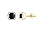 5mm Cushion Black Onyx And Created White Sapphire 10k Yellow Gold Halo Stud Earrings