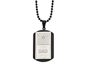 White Cubic Zirconia Stainless Steel Brushed Black IP-plated Men's Dad Dog Tag Pendant With Chain