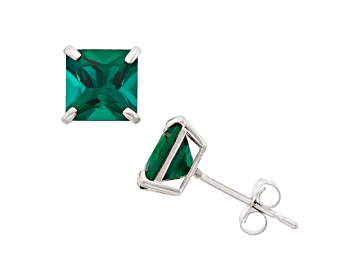 Picture of Lab Created Emerald Princess Cut 10K White Gold Stud Earrings, 1.74ctw