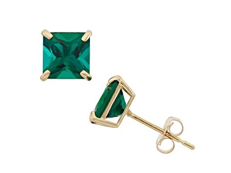 Lab Created Emerald Princess Cut 10K Yellow Gold Stud Earrings, 1.74ctw